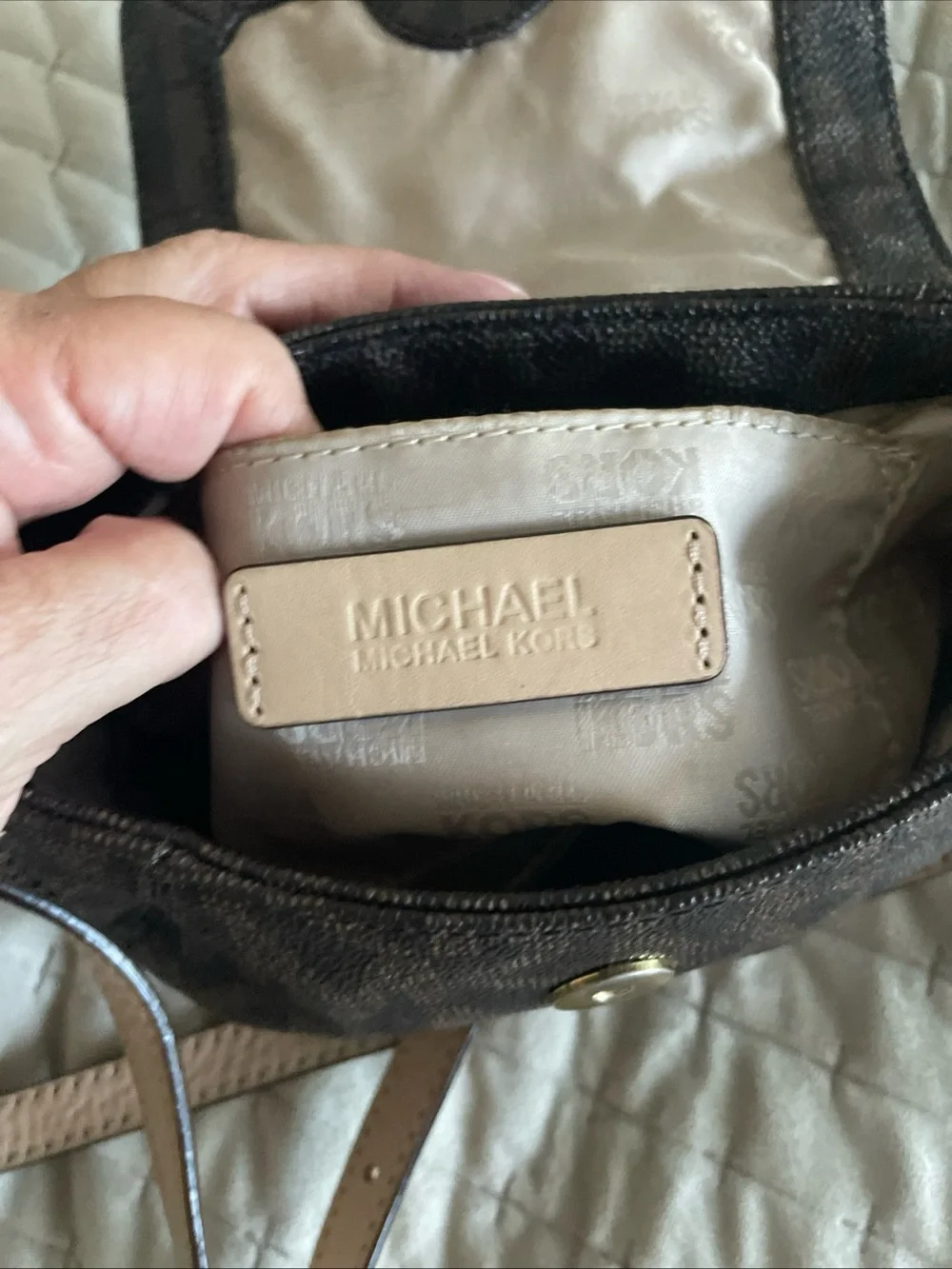 Michael Kors Brown Logo Crossbody with Pale tan Strap and Gold Plaque